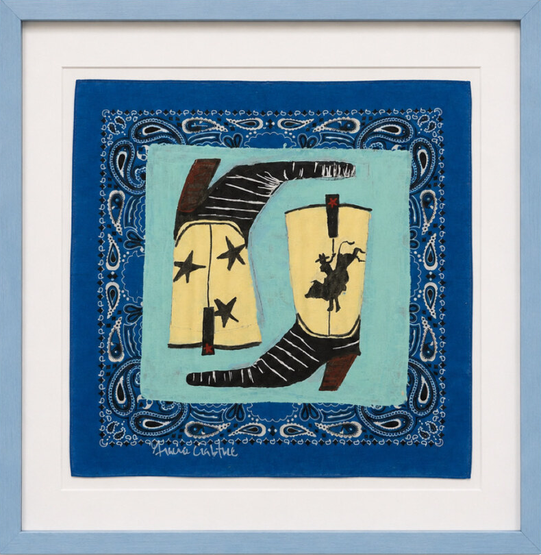 Boot Scoot, hand-painted blue bandana artwork featuring cowboy boots and stars
