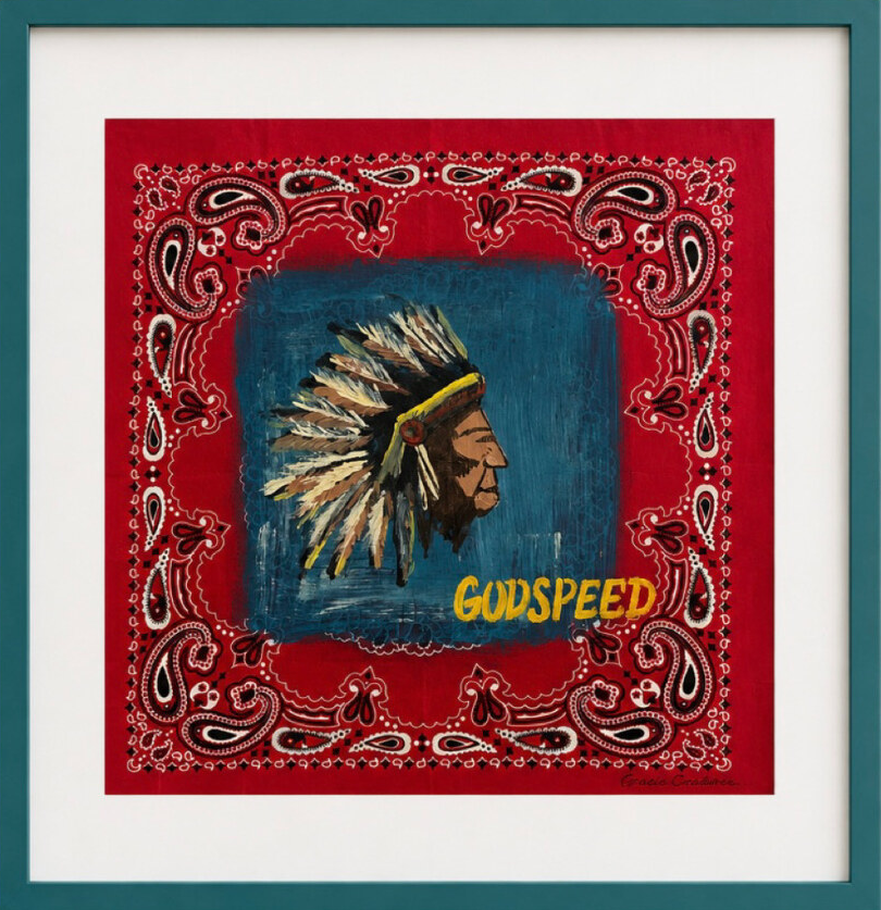 Godspeed, hand-painted red bandana artwork featuring a feathered portrait