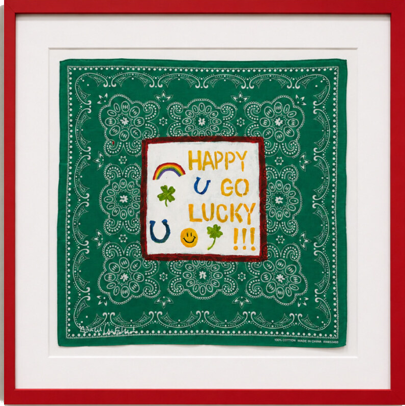 Happy Go Lucky, hand-painted green bandana artwork