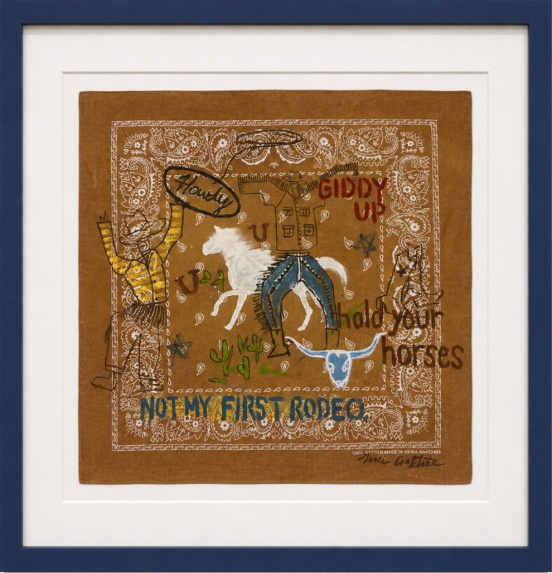 Not My First Rodeo, hand-painted brown bandana artwork with a rider and horse