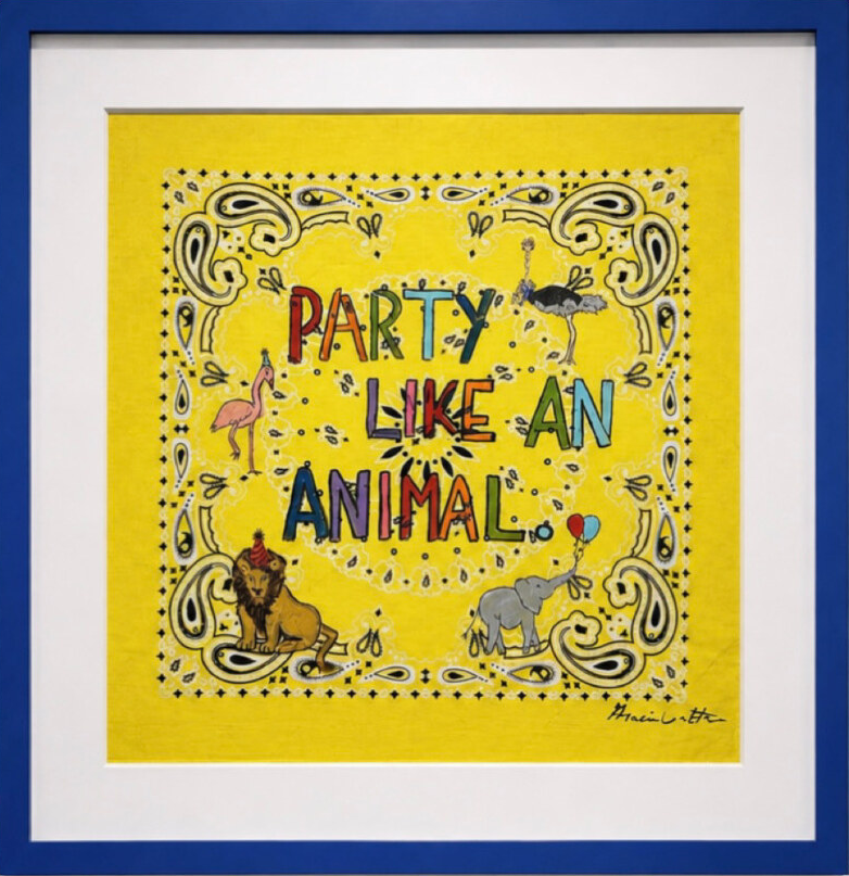 Party Like an Animal, hand-painted yellow bandana artwork with animals