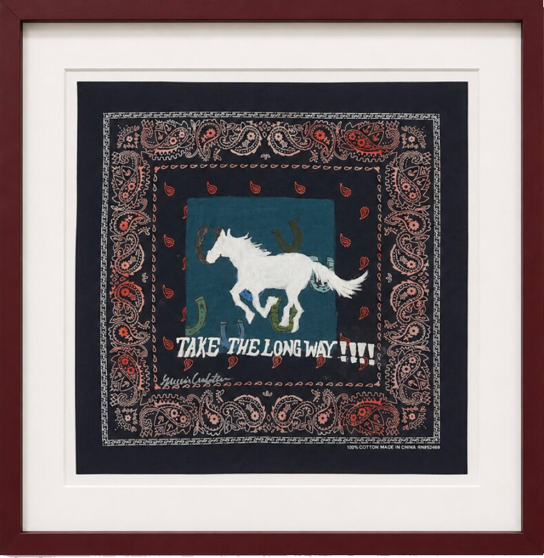 Take the Long Way, hand-painted navy bandana artwork with a white horse